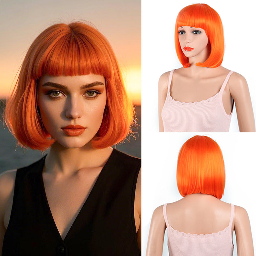 Women's Fashion Long Black Head Cover With Wig Short Straight Hair