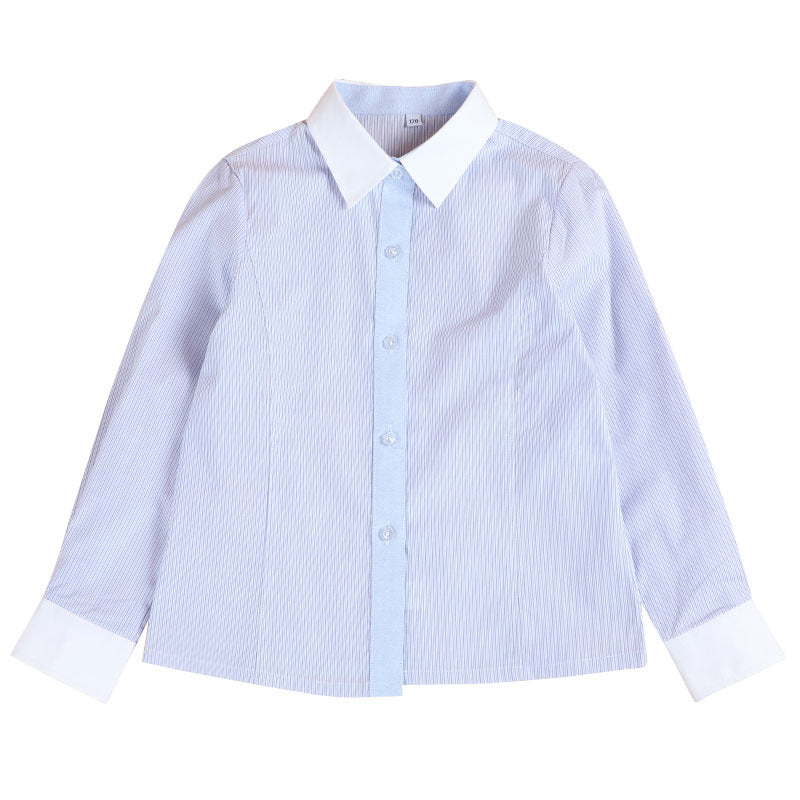 Striped Long-sleeved Cotton White Collar Middle Large Primary School Uniform Children's Shirt