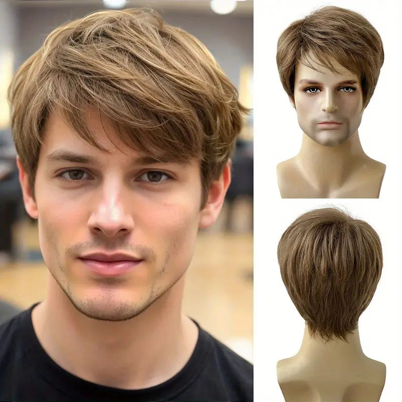 Men's Brown Partial Short Straight Hair Fiber Synthetic Men's Wig