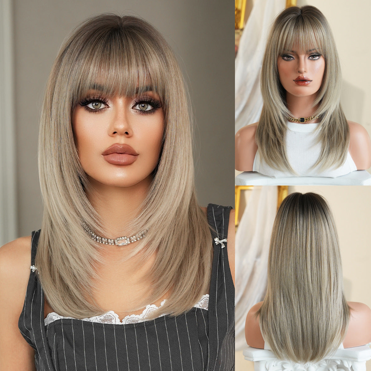 Female Siamese Kitten Bangs Hair Tail Long Straight Wig