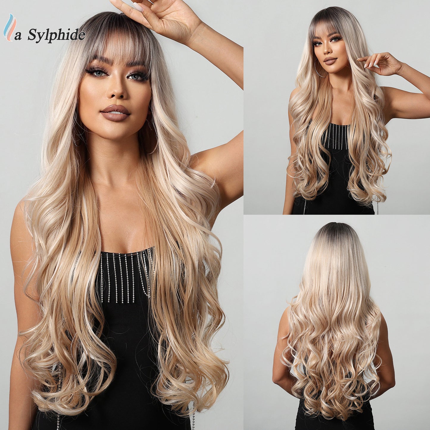 Female Big Wave Roman Curly Bangs Hair White Gold Color Wig Long Curls