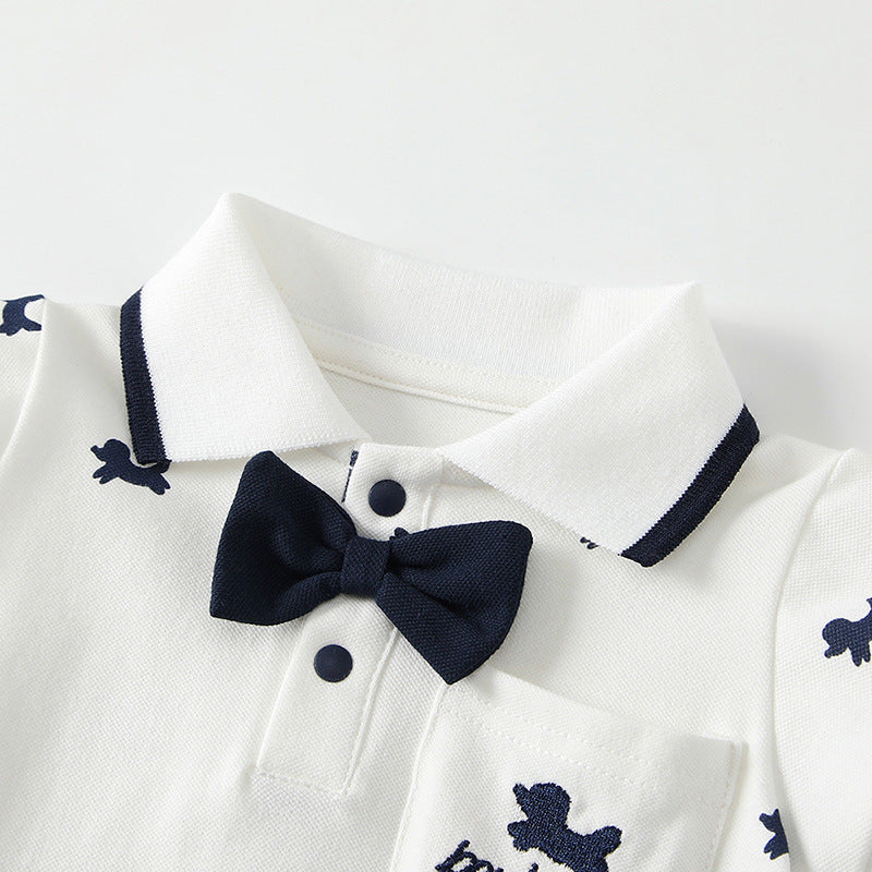 Lapel Gentleman Short Sleeve Rompers Summer Dog Print First Month Jumpsuit, Climbing Suit