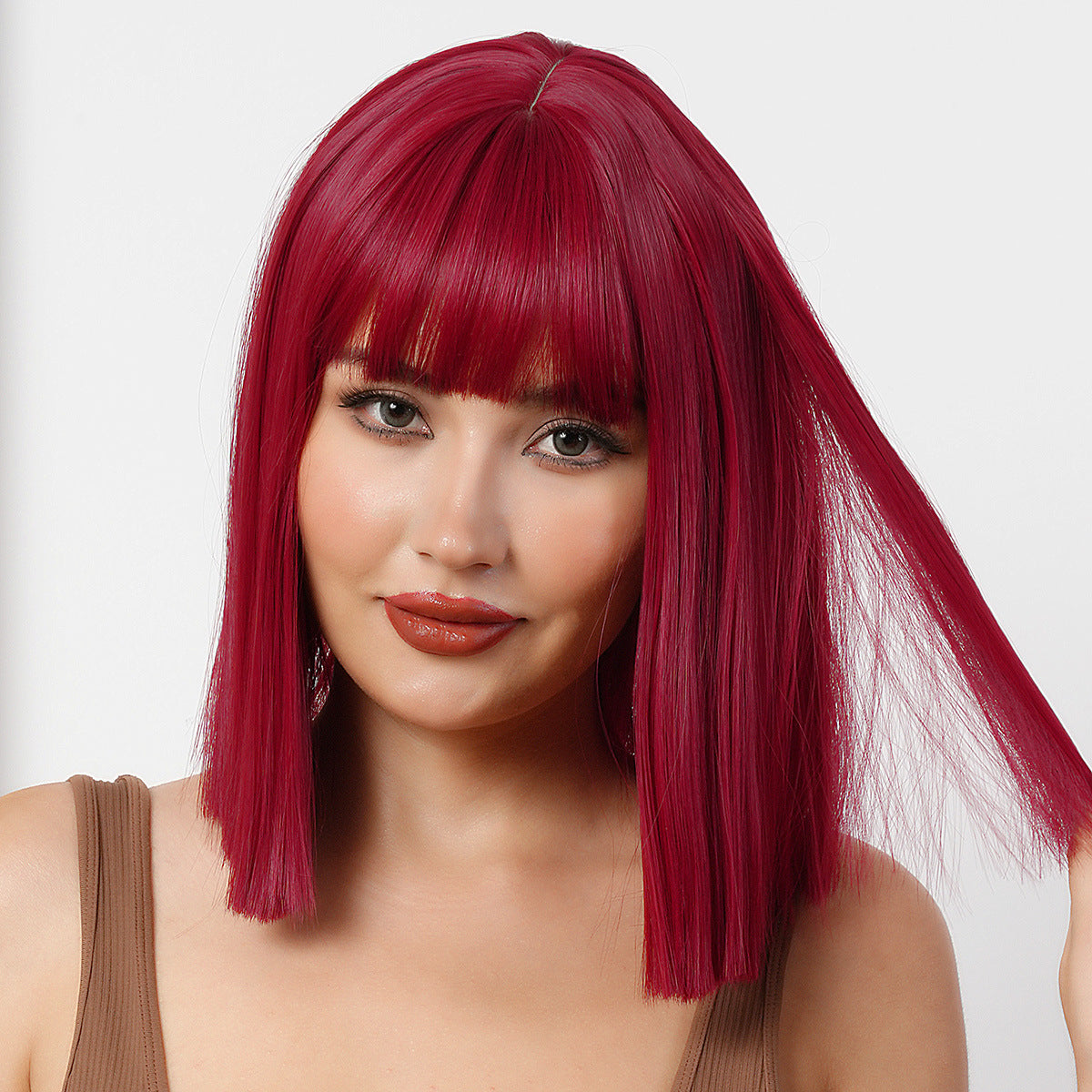 Sweet Style Wine Red Bangs Fashion Wig Short Straight Hair