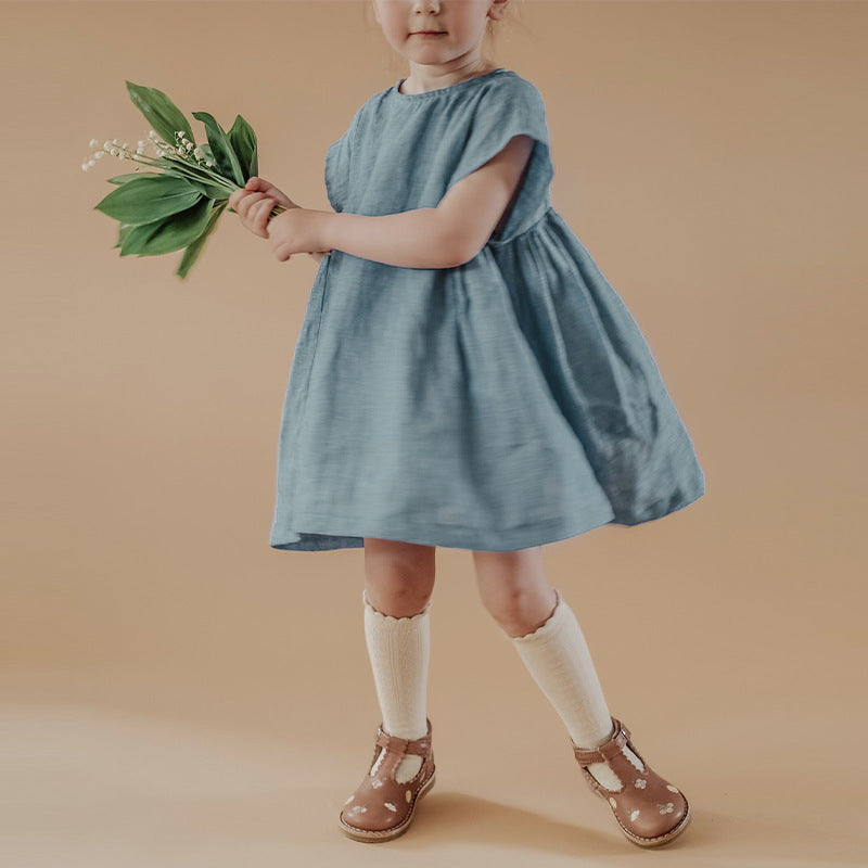 Women's Promotion High Quality Pure Linen Casual Vacation Short-sleeved Skirt Round Children's Dress