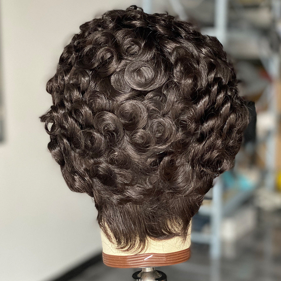 Classic Cool Piece Curly Head Cover Real Hair Wig