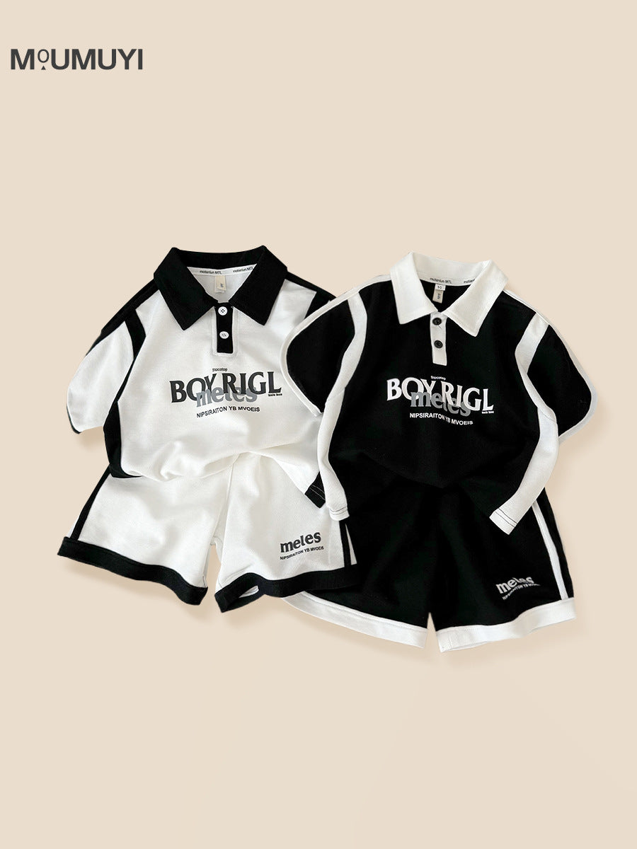 Style Trendy Stitching Contrast Color Short Sleeve Loose Shorts Two-piece Children's Suit