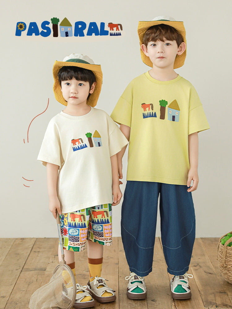 Lapel Lightweight Short-sleeved T-shirt Loose Jeans Pastoral Children's Shirt