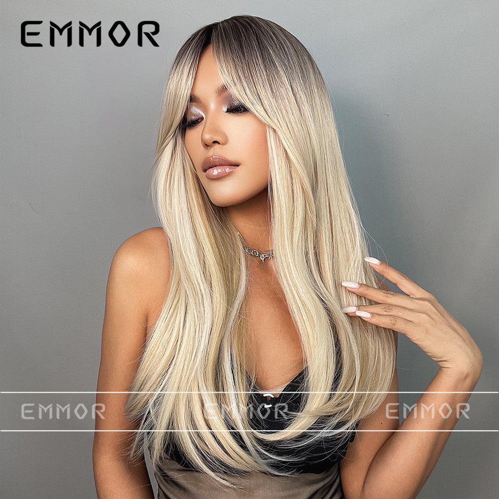 Wind Black Gradient Golden Bangs Hair Curling Wig Long Curls