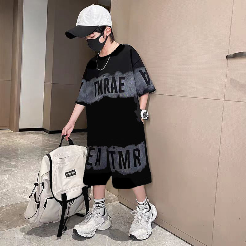 Children's Letter Printing Loose Leisure Teen Boys Short-sleeved Shorts Two-piece Children's Suit