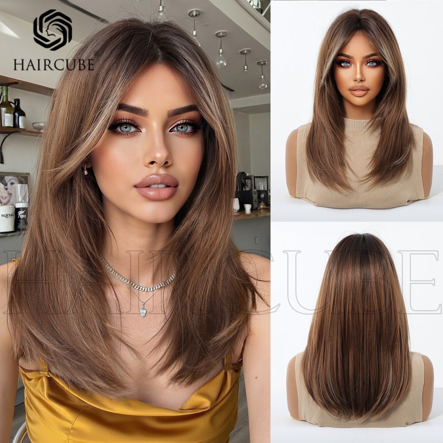 Mid-length Gradient Dyed Bangs Fiber Headgear Wig Short Straight Hair