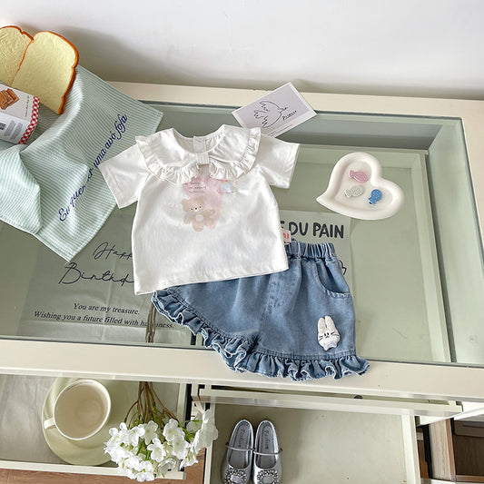 Summer Polo Collar Top Short-sleeved Lace Children's Suit