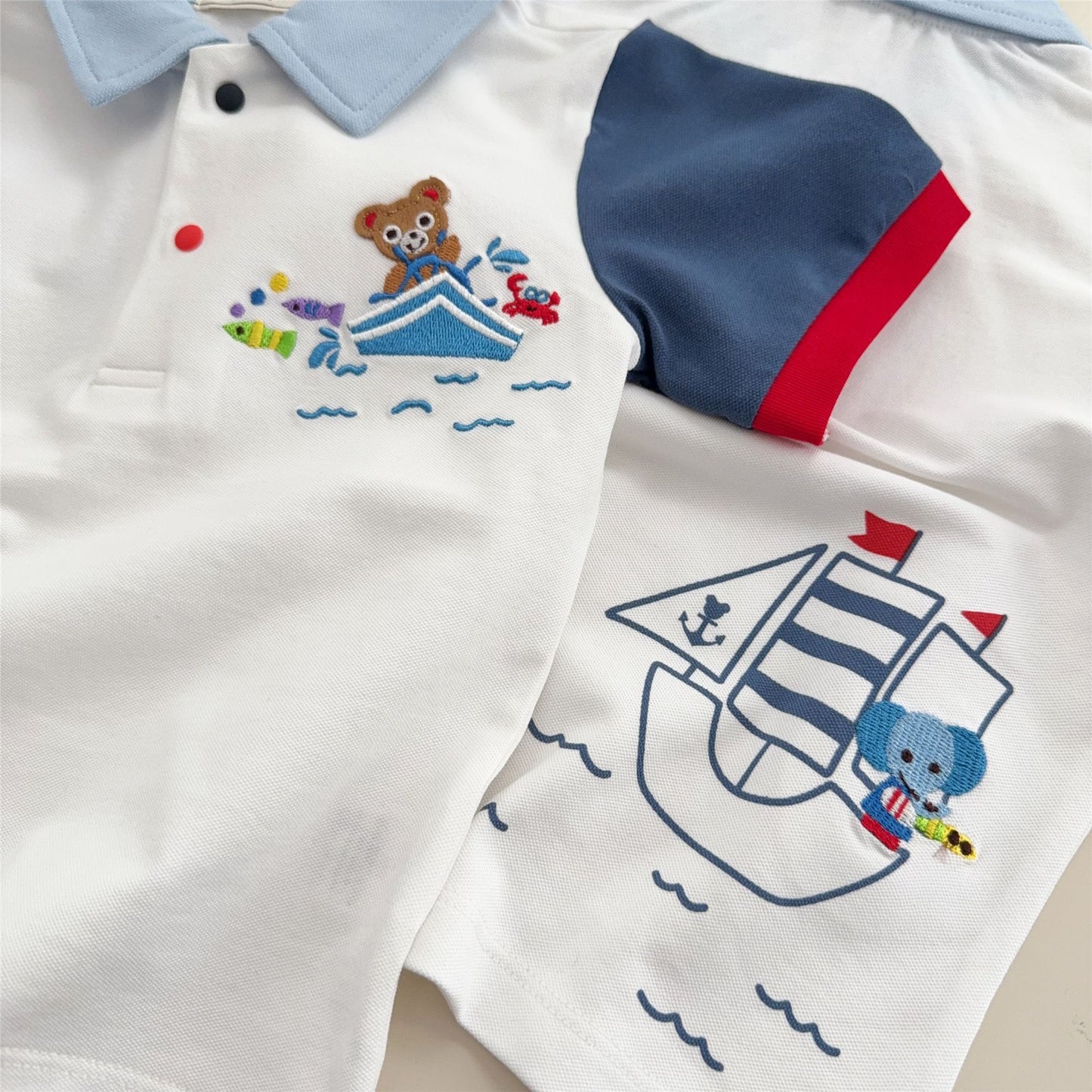 Children's Blue Collar Embroidered Lapel Short-sleeved Summer Color Children's T-shirt