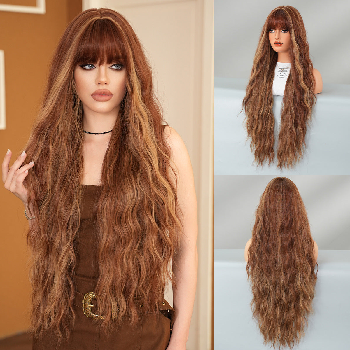 Hair Bangs Brown Dyed Gray Heat Wig Long Curls