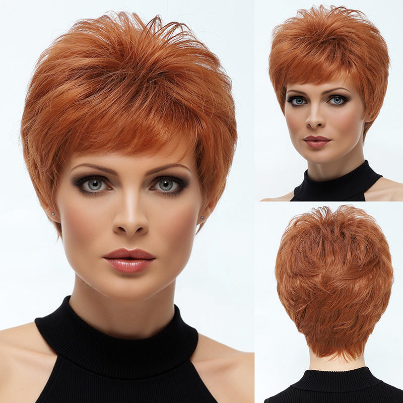 Men's Fashion Dark Orange Mixed Color Fluffy Head Cover Chemical Wig Short Straight Hair