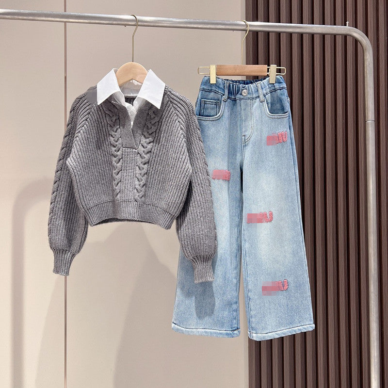 Children's Style Korean Casual Knitted Sweater Fashion Embroidery Trendy Children's Suit
