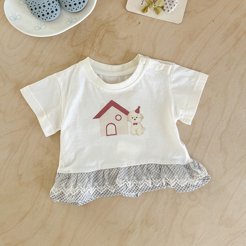 Summer Infant Cartoon Printed Top Sweet Lace Short Children's T-shirt