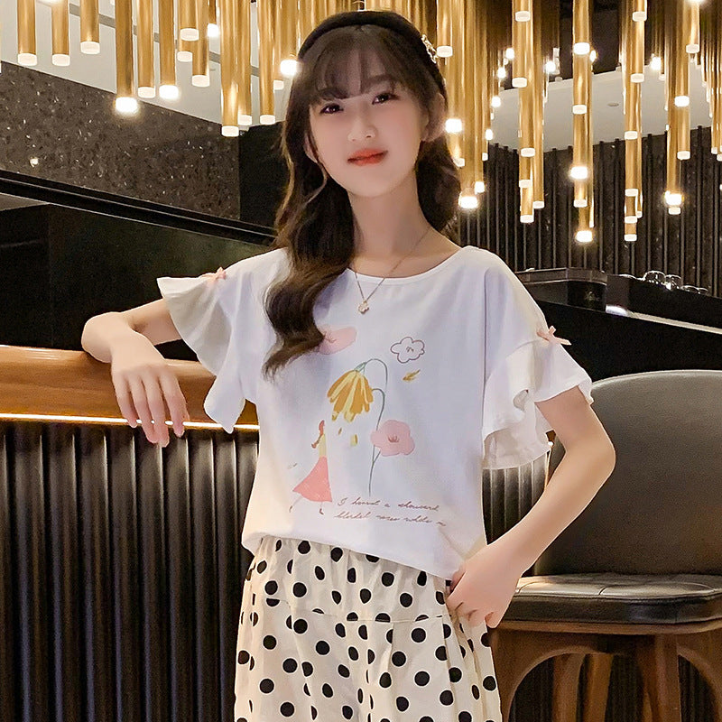 Ruffle Sleeve Flounced Printed Korean Style Stretch Cotton Children's T-shirt