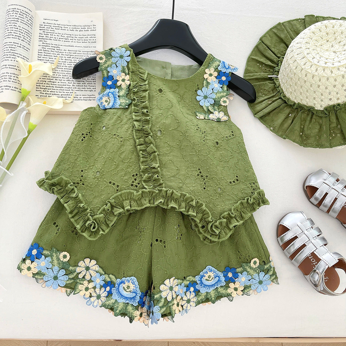 Top Bow Sleeveless Vest Lace Shorts Children's Suit