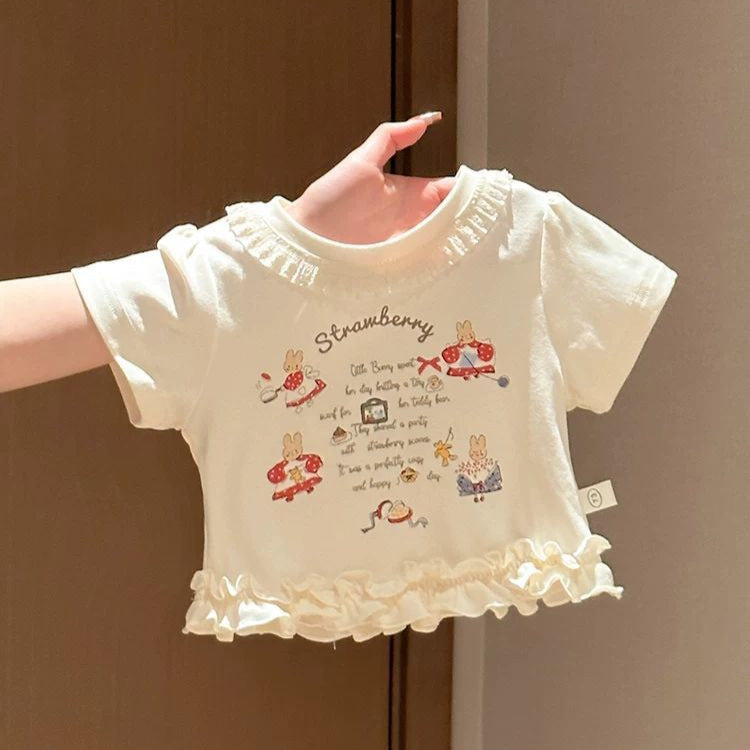 Women's Sweet Cute Cartoon Printed White Short-sleeved Ruffled Wooden Ear Children's T-shirt