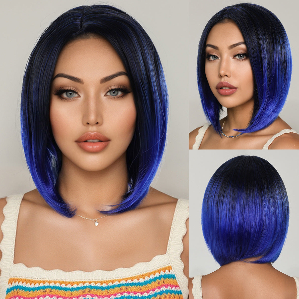 Women's Partial Blue Gradient Color Chemical Fiber Mechanism Wig Short Straight Hair