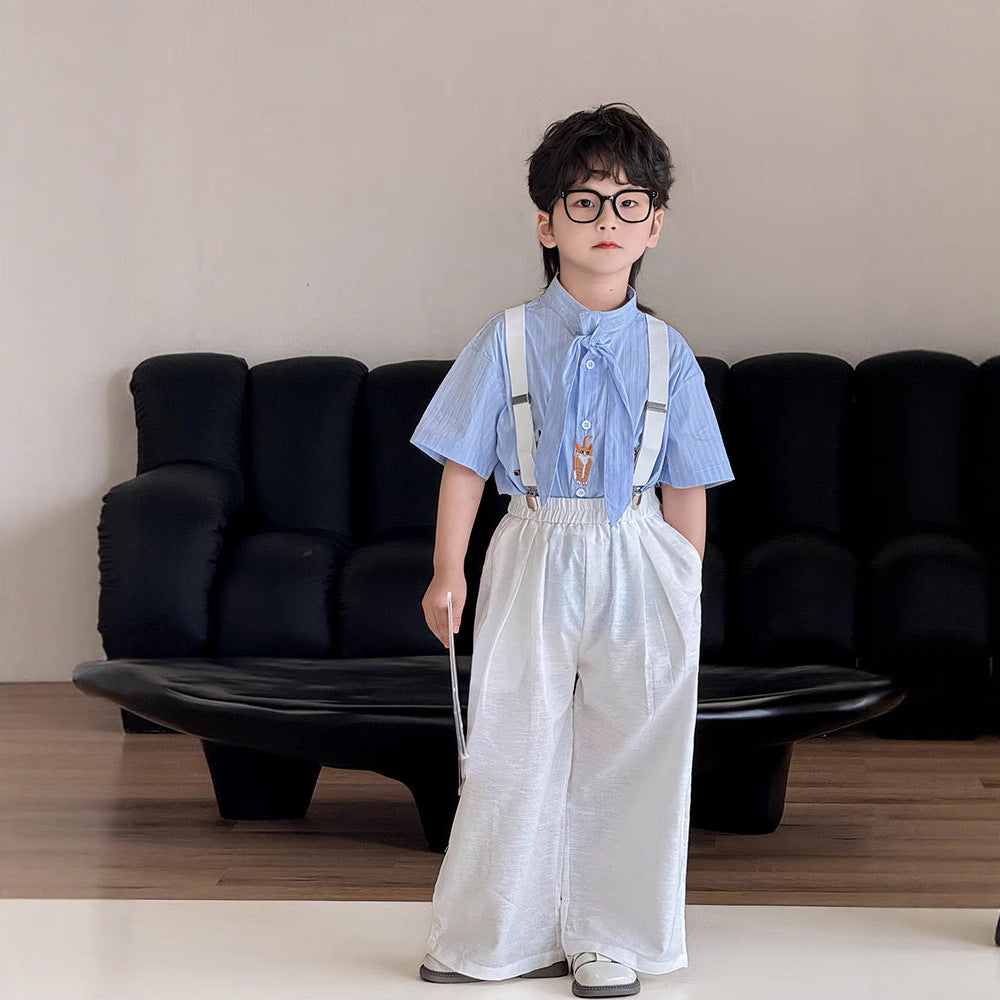Children's Set Summer Blue Striped Outfit Performance Clothes Children's Shirt