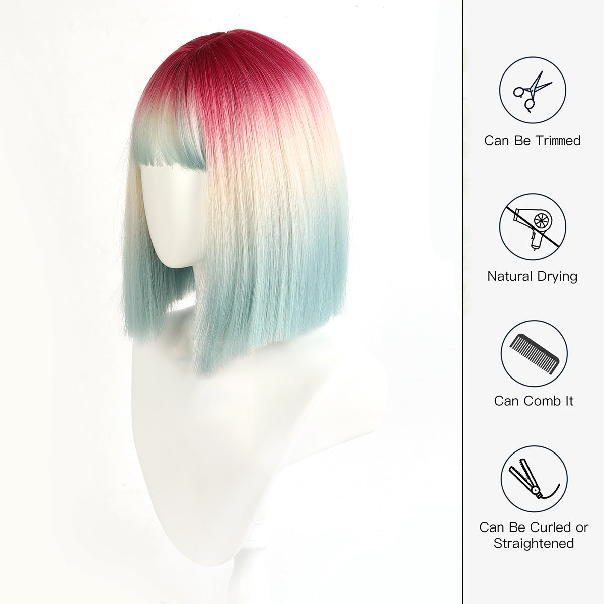Women's Gradient Rainbow Color Mid-length Fashion Artificial Full Wig Short Straight Hair