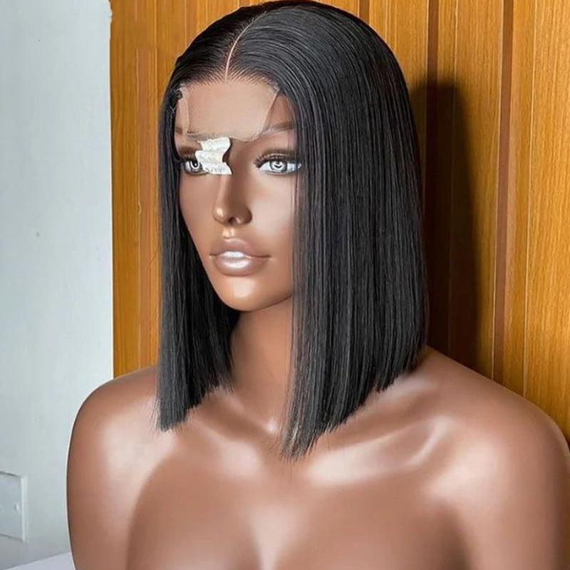 Attractive Human Closure Kim Bob Straight Real Hair Wig