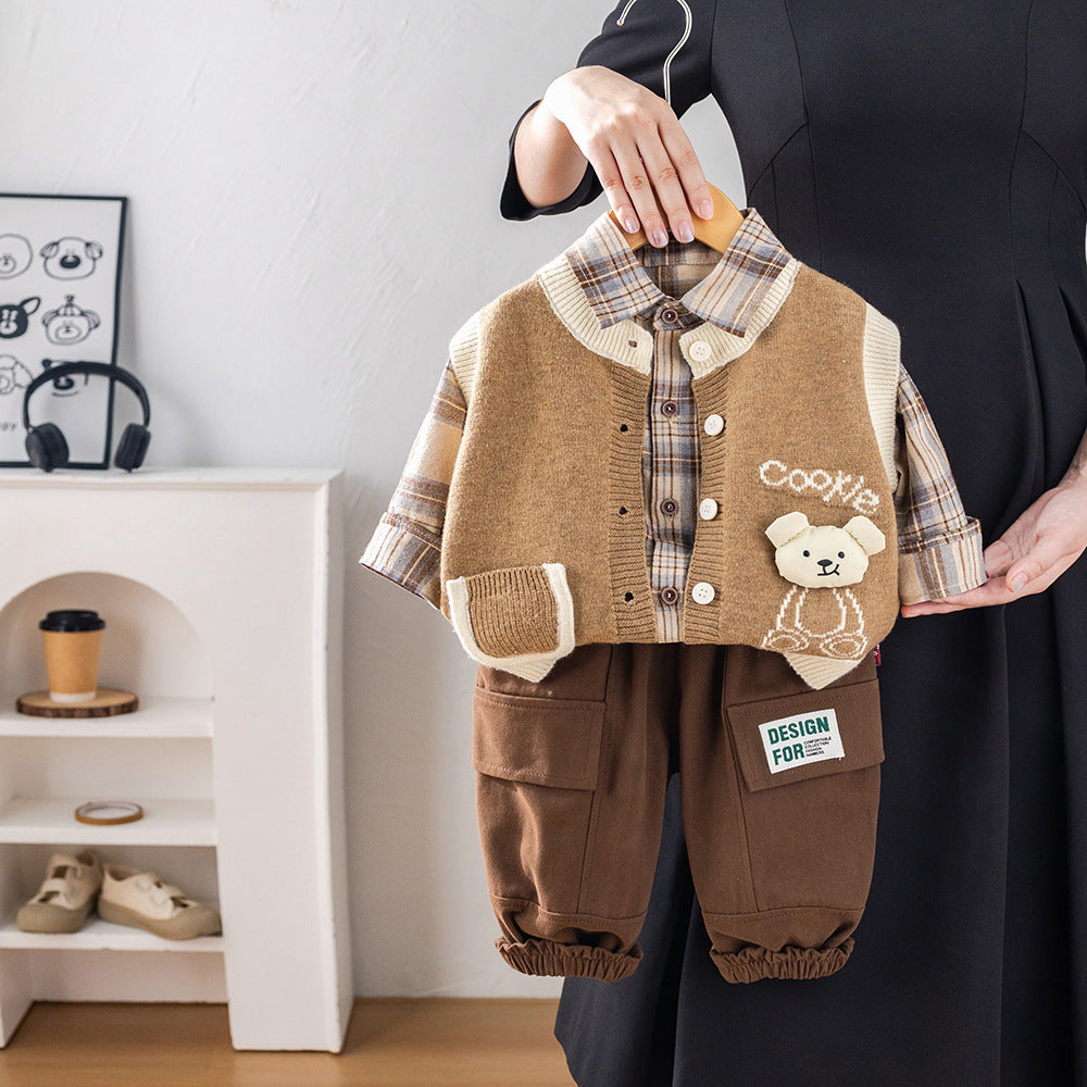 Children's Boys Autumn Clothing Western Style Cardigan Sweater Vest Three-piece Children's Suit