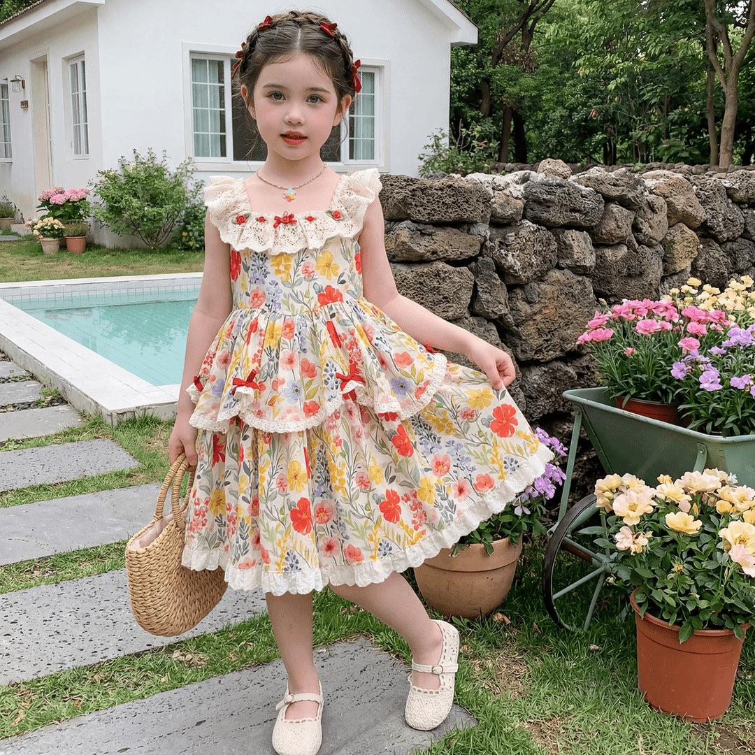 Children's Summer Floral Lace Pastoral Style Cotton Skirt Little Children's Dress