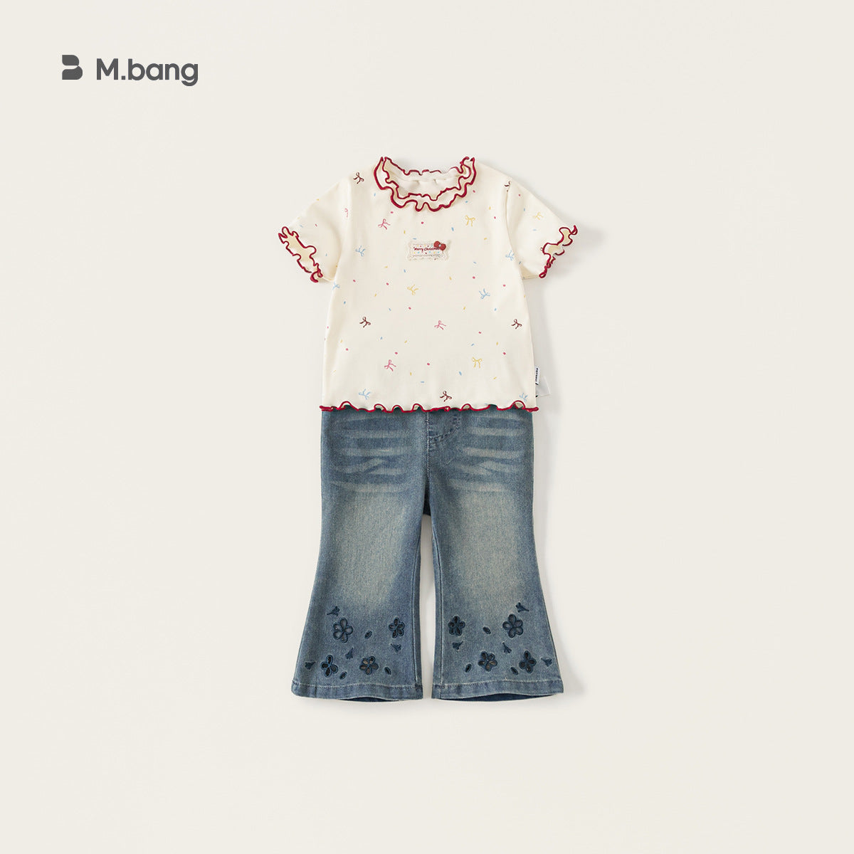 Children's Short-sleeved Contrast Color Wooden Ear Summer Clothes Sweet Bow Children's T-shirt