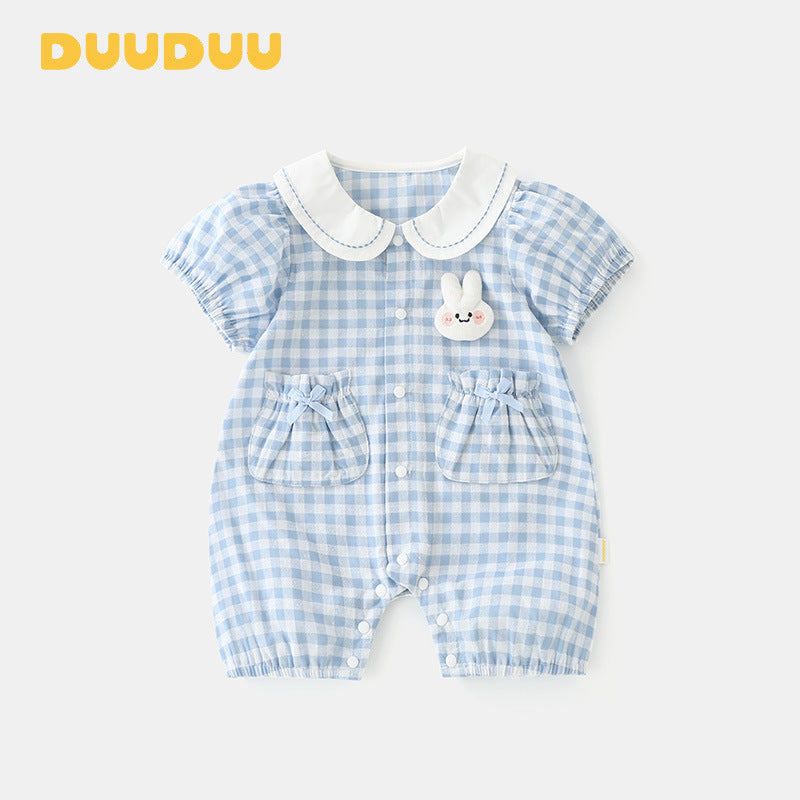 Blue Scale Grid Summer Thin Clothes Class Born Jumpsuit, Climbing Suit