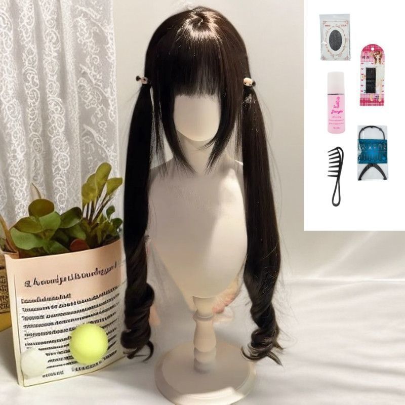 Double Ponytail Tie Out Curly Hair With Sideburns Wig Long Curls