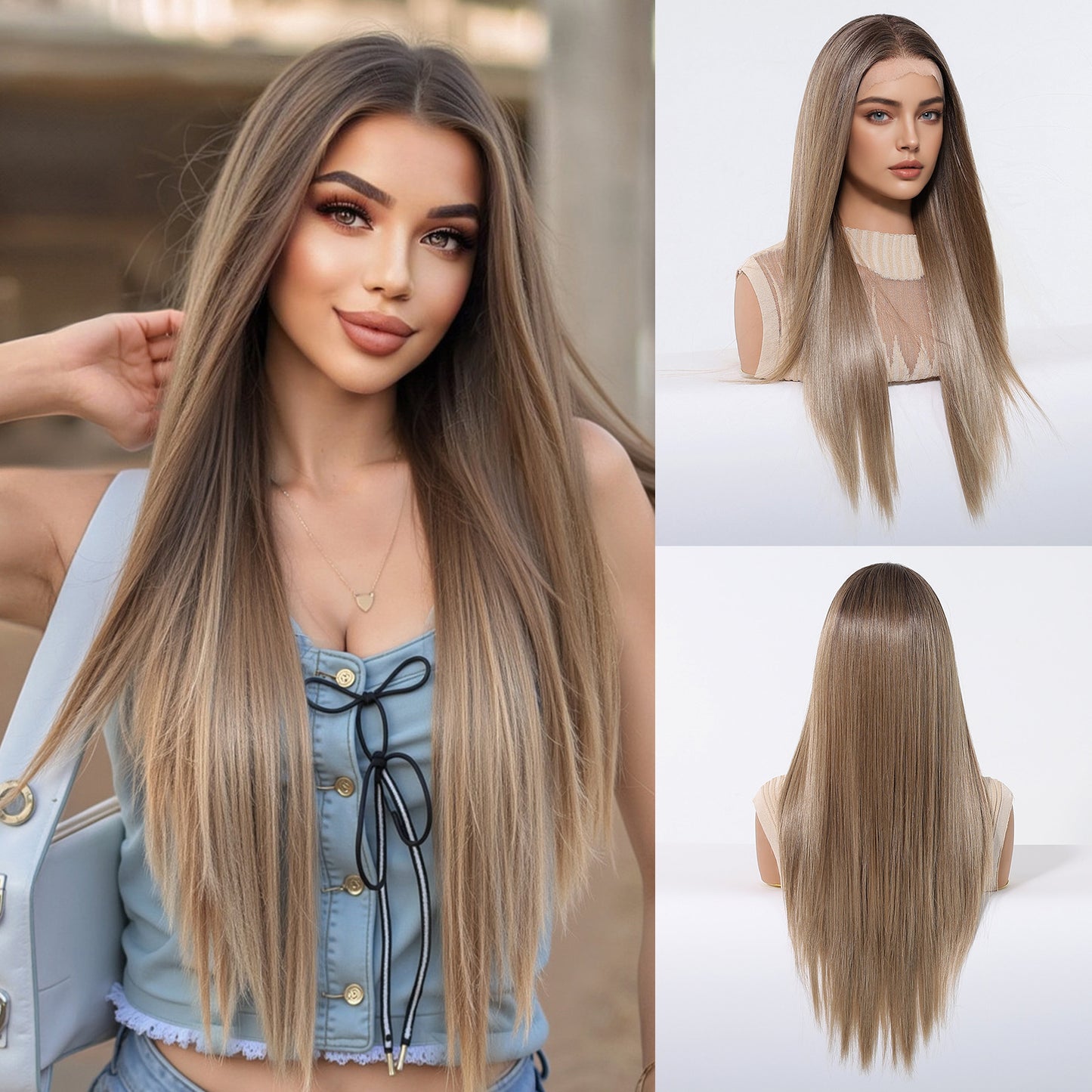 Imported Silk Black Lace Female Free Seam Breathable Long Straight Wig