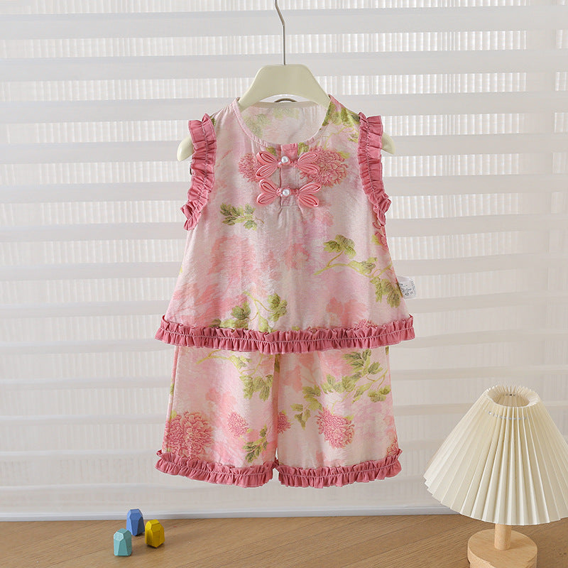 Women's Floral Peony Sleeveless Lace Wide Shoulder Children's Suit