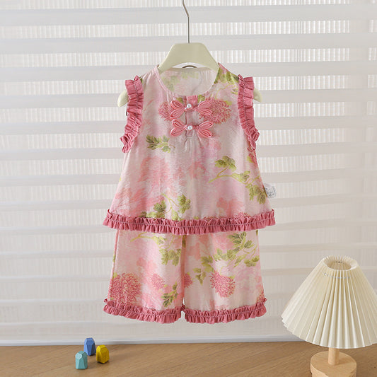 Women's Floral Peony Sleeveless Lace Wide Shoulder Children's Suit