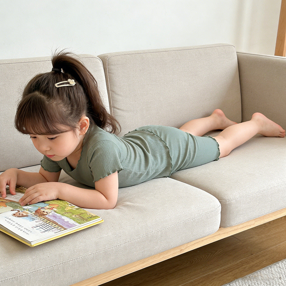 Children's Style Sunken Stripe Wooden Ear Shorts Set Candy Children's Suit