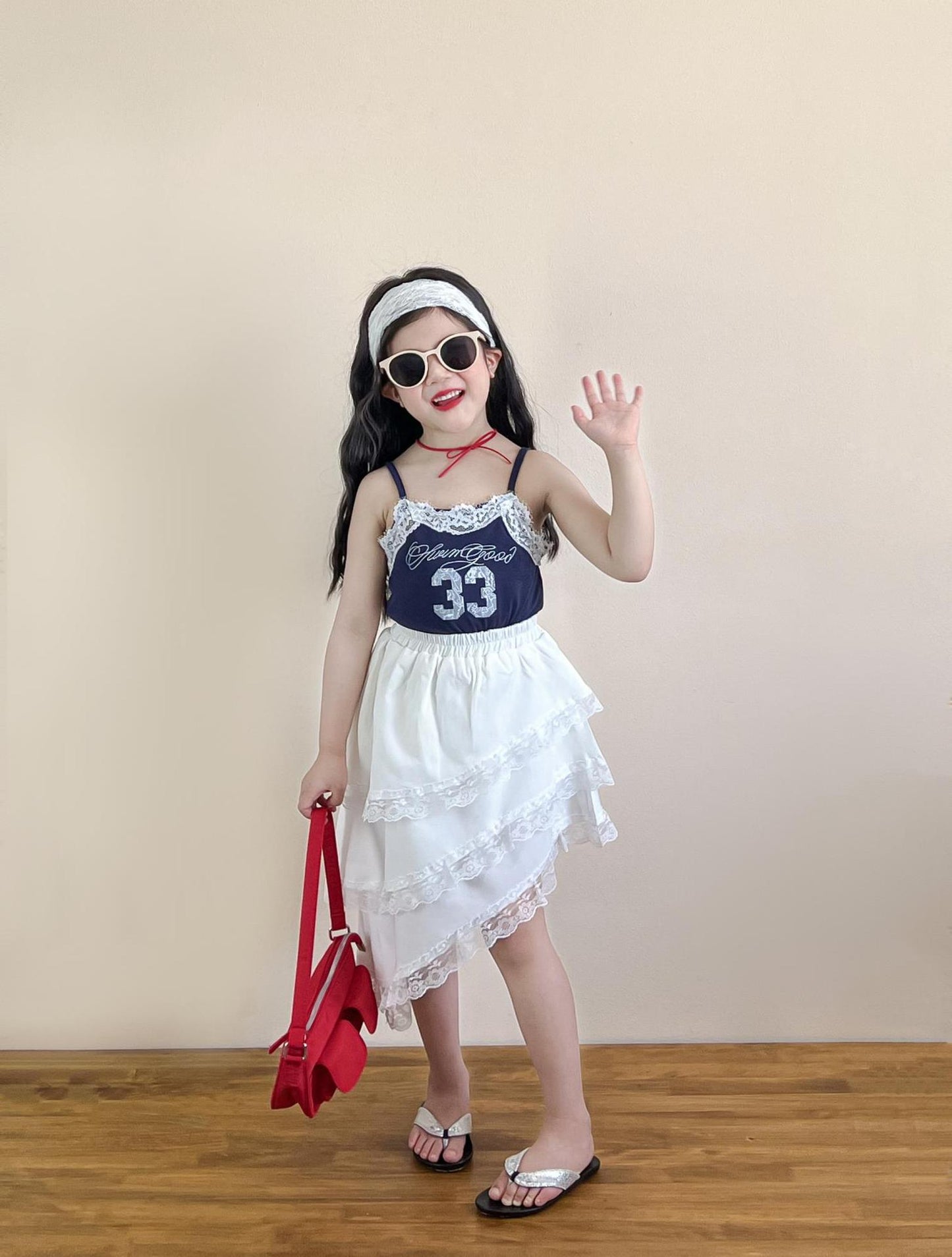 Sweet Spicy Style Lace Printed Strap Irregular Edge Stitching Safety Children's Suit