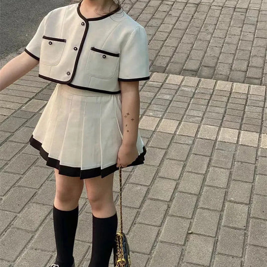 Children's Summer Small Solid Color Two-piece Set Short Sleeve Top Pleated Children's Suit