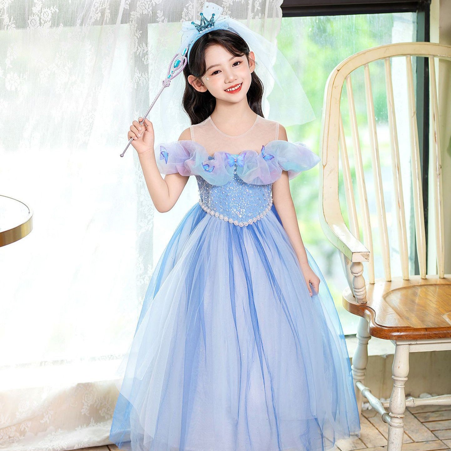 Princess Elsa Butterfly Mesh Stage Performance High Children's Dress
