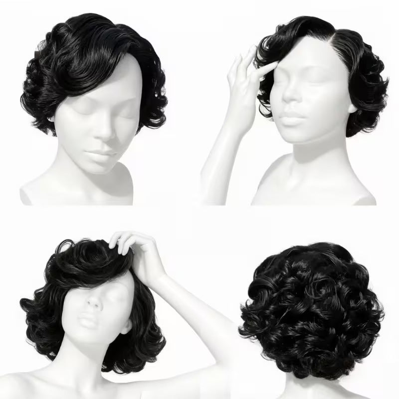 Black Side Points Artificial Free Labeling Wig Short Curly Hair