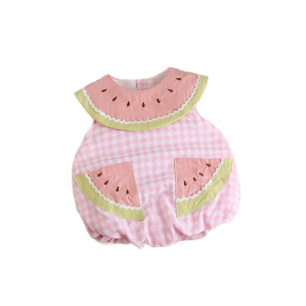 Cute Sweet Watermelon Sleeveless White Pink Plaid Triangle Going Jumpsuit, Climbing Suit