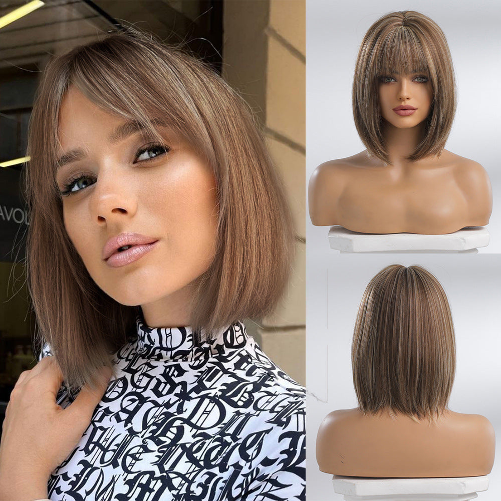 Women's Straight Bangs Gradually Varied Pink Short Wig Long Curls
