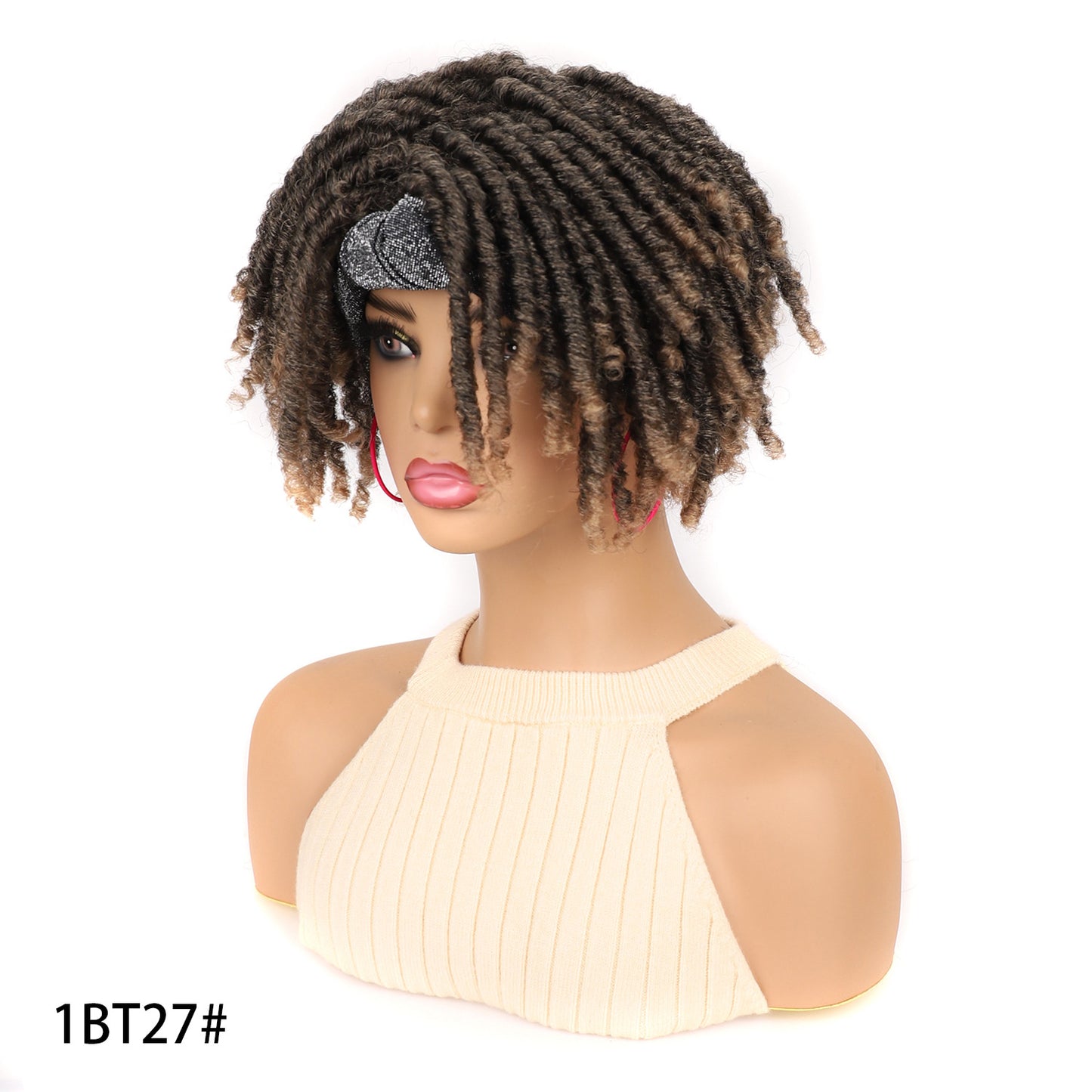 Turban Head Cover Black Sier Sleeve Curved Wig Short Curly Hair
