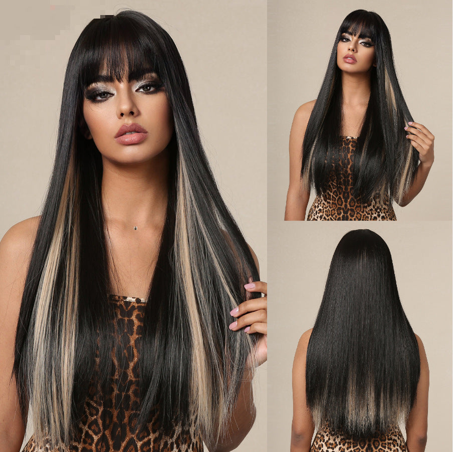 Female Air Bangs Brown Gradient Golden Long Straight Wig
