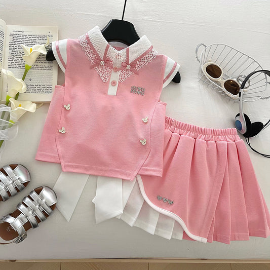 Summer Lapel Flower Bow Tie Vest Top Lace Skirt Children's Suit