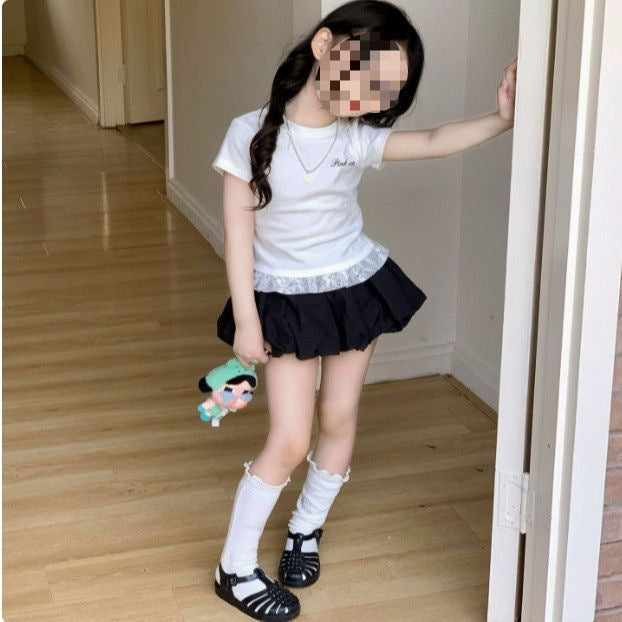 Children's Suit Letter Lace Short-sleeved Bud Skirt Pants Two-piece Children's T-shirt