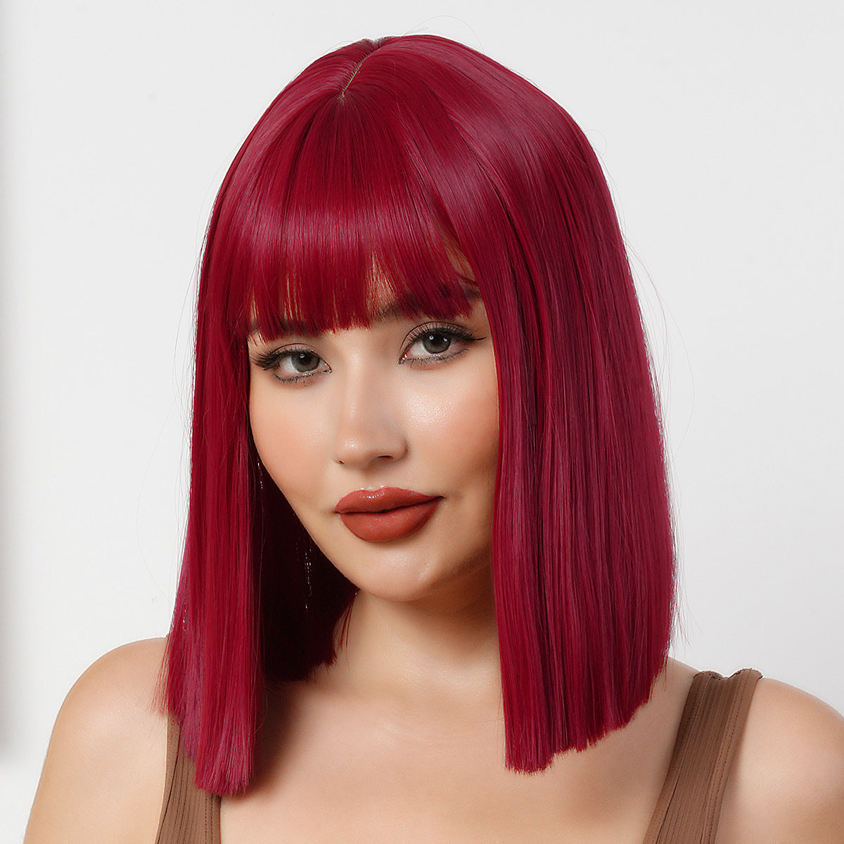 Sweet Style Wine Red Bangs Fashion Wig Short Straight Hair