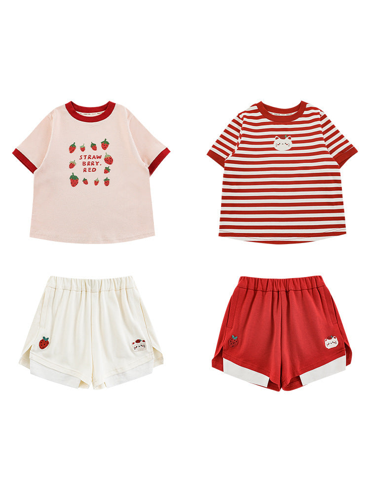 Strawberry Series Summer Cool Loose Short-sleeved Embroidery Shorts Children's T-shirt