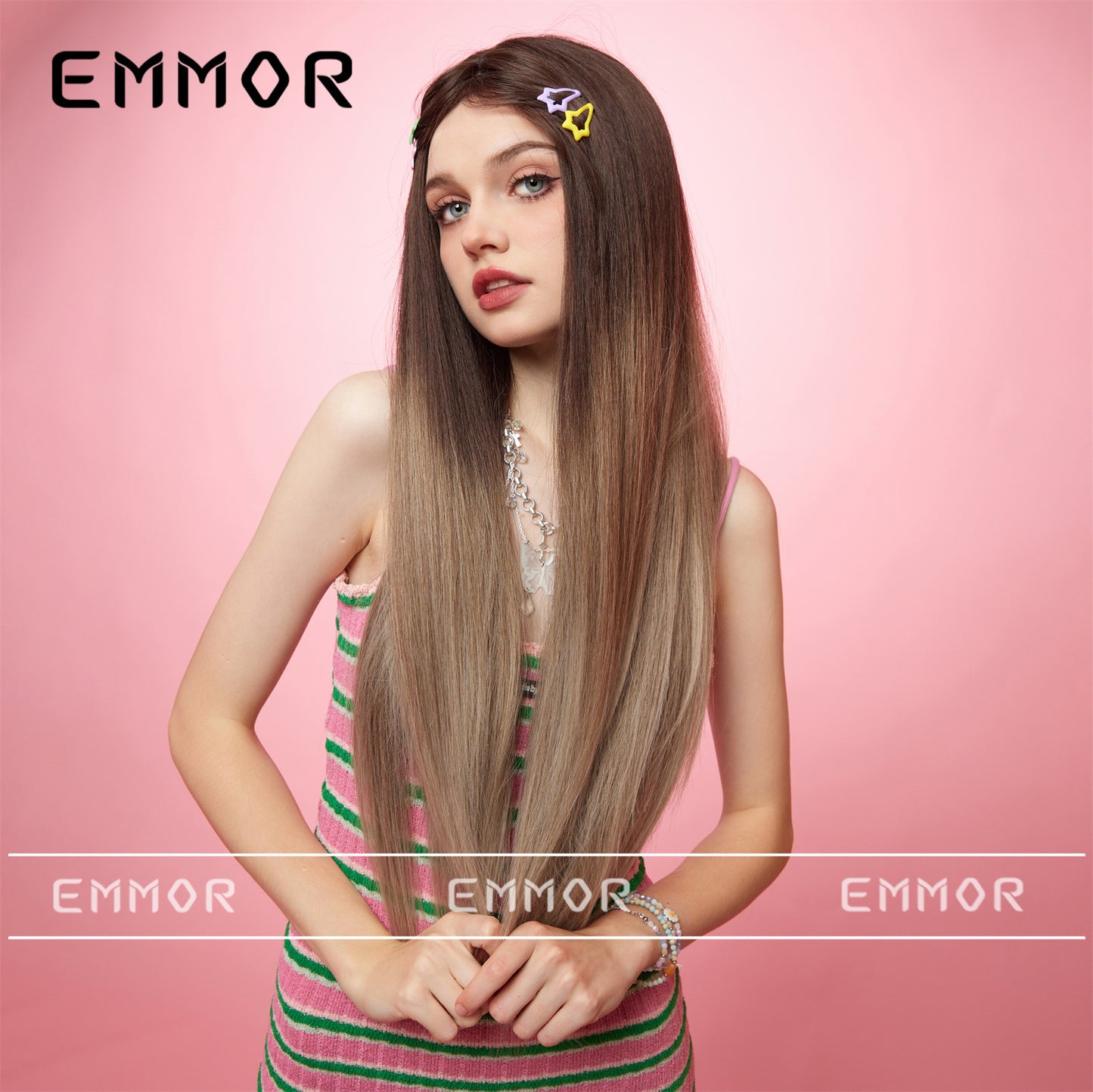 Bangs Champagne Brown Hair Dignified Goddess Chemical Long Straight Wig