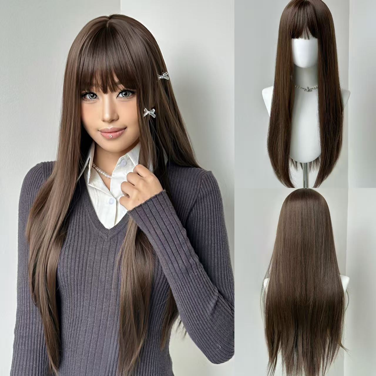Head Cover Brown Straight Bangs Long Chemical Wig Short Curly Hair